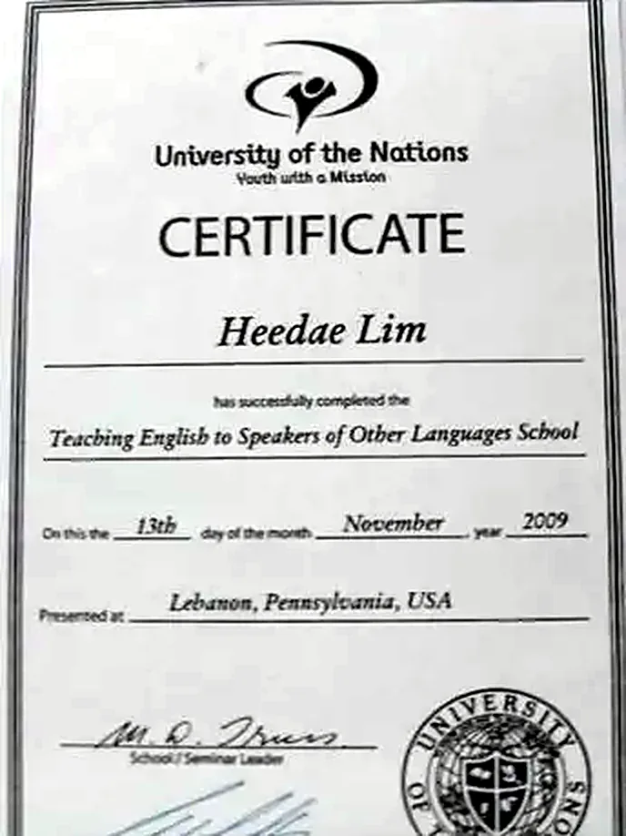 University of the Nations TESOL 수료증, Heedae Lim, 2009년 11월 13일